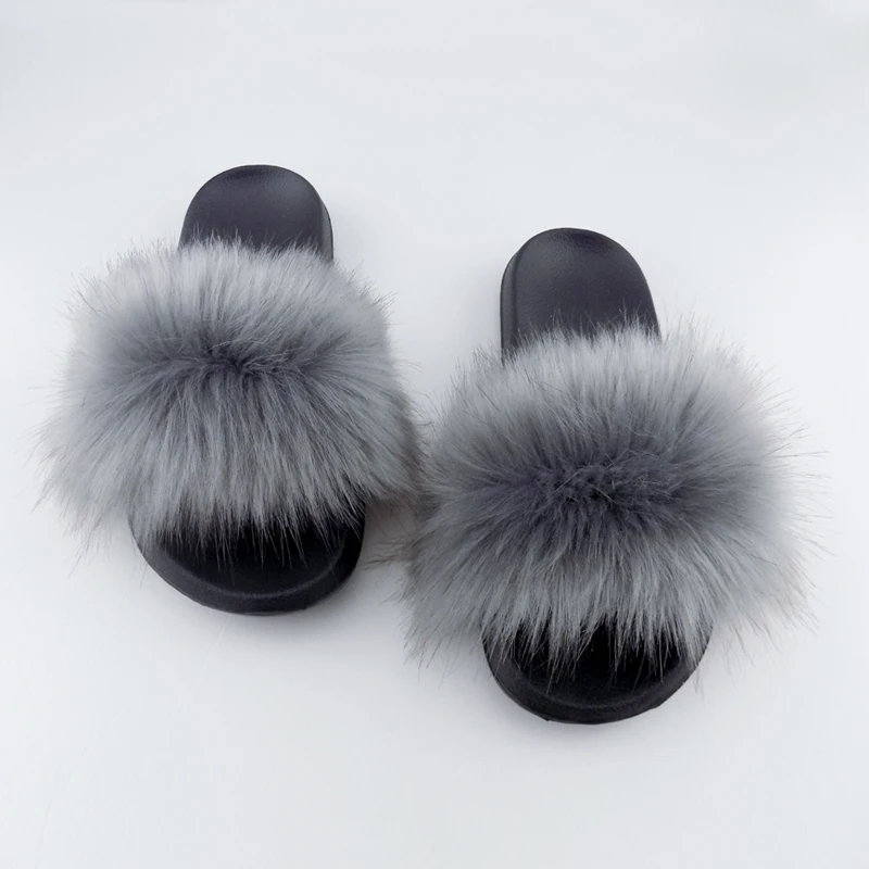 

High Quality Fluffy Big Furry Faux Fox Fur Slippers Slides soft shoes fur slippers for women, 18colors