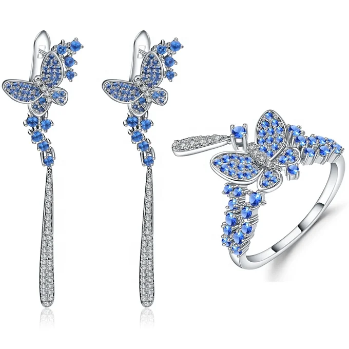 

Abiding Bijoux Butterfly Earring Ring Set 925 Sterling Silver Vintage Nano Swiss Blue Bridal Jewelry Set