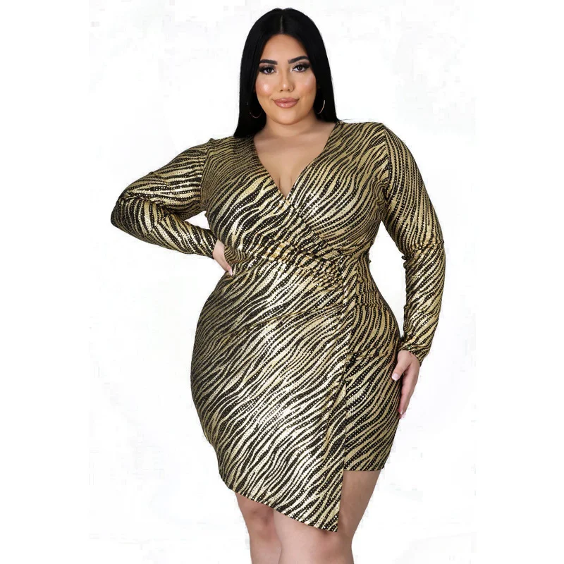 

New arrival 2021 women sexy chic sequins big V neck office 6XL plus size dress & skirts casual evening dresses