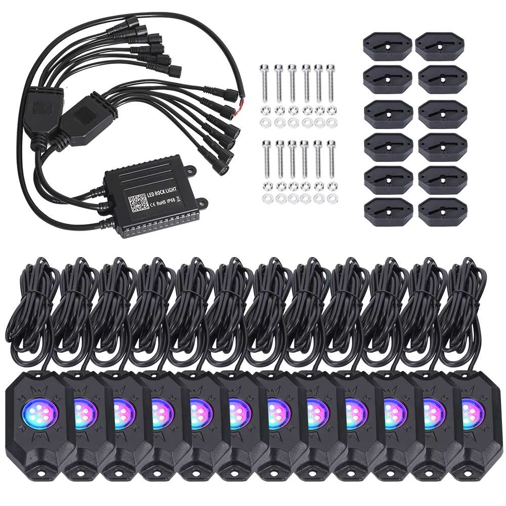 12PC LED Rock Light 4x4 SUV ATV Decoration Car RGBW Rock LIghts Under Body Kit With Remote Control