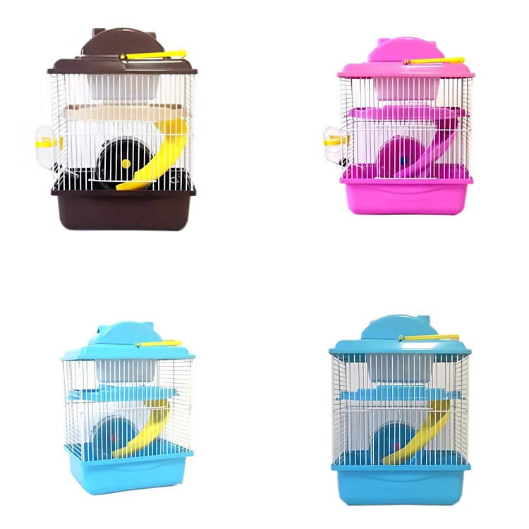 

Hot Sales Portable Pet Bird Golden Hamster Cage House Travel Carrier Feeding Bowl With Running Wheel, Pink blue green yellow coffee