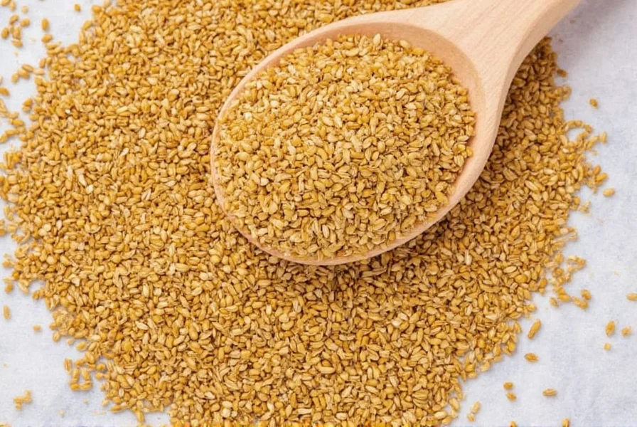Close-up of fenugreek seeds being dry roasted in a cast iron skillet with visible steam rising
