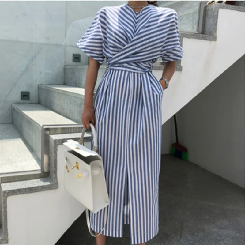 

Casual Dresses Women Summer Blue Striped Bandage Split Long Dress Female Long Bodycon Vestido Robe Femme Ete Y12026