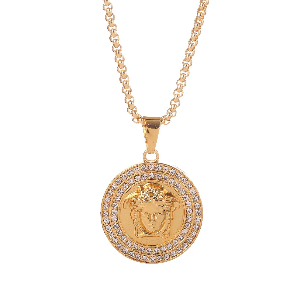 

18k gold plated stainless steel circle diamond filled initial Hip hop men chain plate jewelry necklace Chinese manufacturer