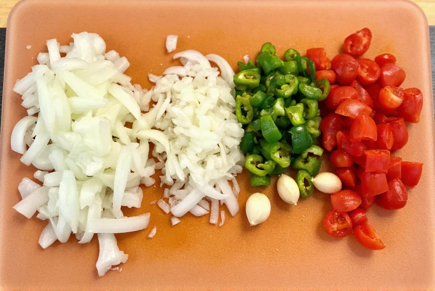 Chopped vegetables for chili including onions, bell peppers, garlic, and tomatoes arranged neatly on cutting board
