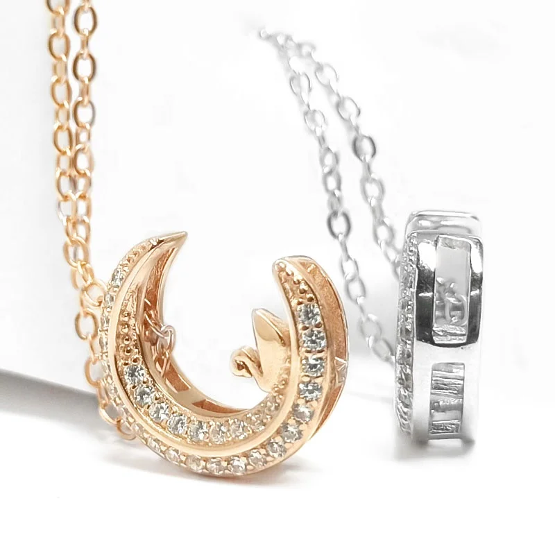 

925 silver moon swan shape design inlaid zircon necklace, Rose gold/silver