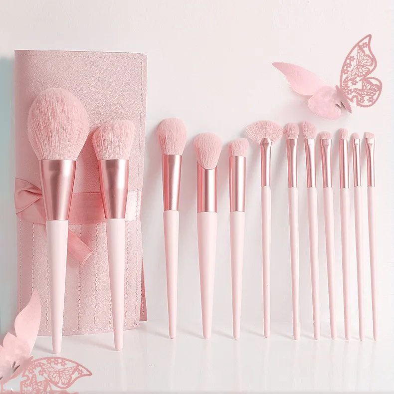 Wholesale 12pcs Cute Pink Vegan Makeup Brush Set Soft Synthetic Hair Plastic Handle Face Concealer Shaving Brushes
