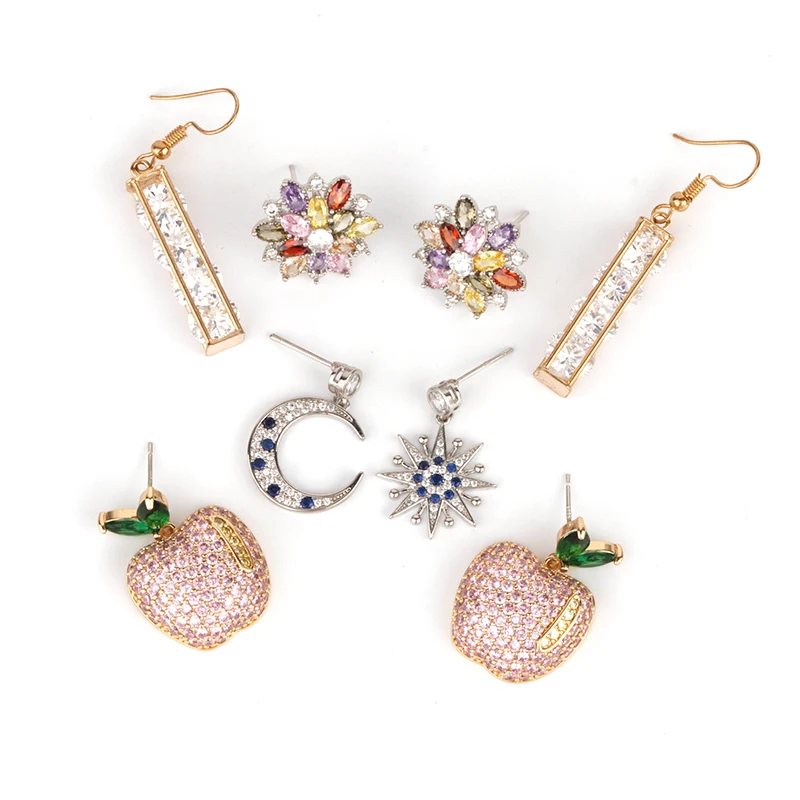 

Statement Copper Cubic Zircon Micro Pave Moon Star Flower Fruit Apple Crystal Bar Drop Earring for Women Fashion Wedding Jewelry