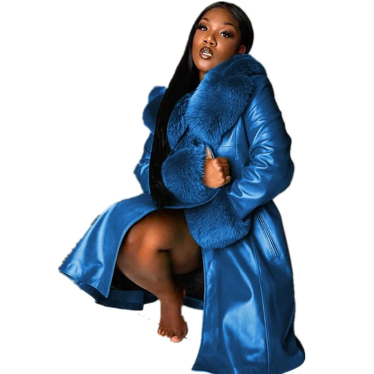 

Factory Wholesale Women Leather Coat Fur Collar Winter Fashion Lapel Long Sleeve PU Zipper Plus Size Casual Womens Jackets, Blue