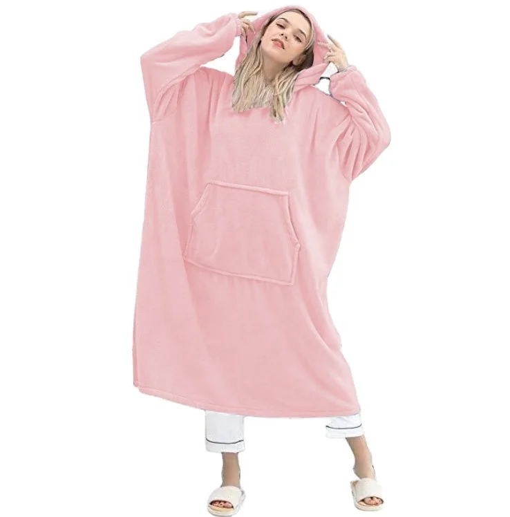 

Hot Selling Women Pink Flannel Casual Hooded Pajamas Slip-pocket Extended Loungewear, Picture showed