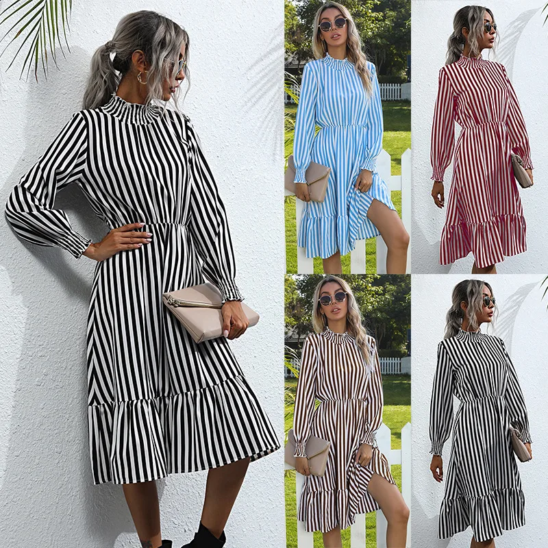 

High Quality Fashion Striped Dresses Women Long Sleeve Clothing Midi Elegant Office Dress