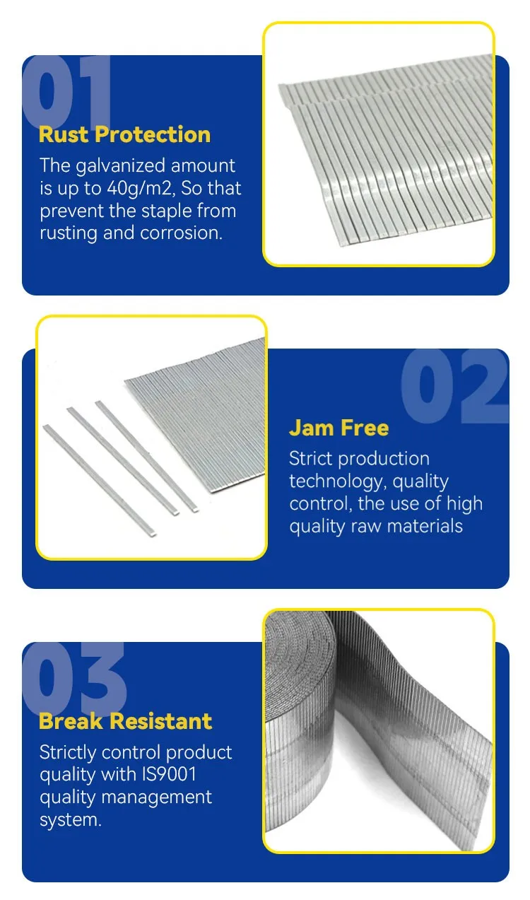 Rhinails galvanized carton closing staples technical features showing rust protection jam free and break resistant