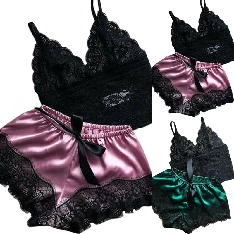 

Sexy summer womens 2 pcs pajams set home wear lace satin sleepwear