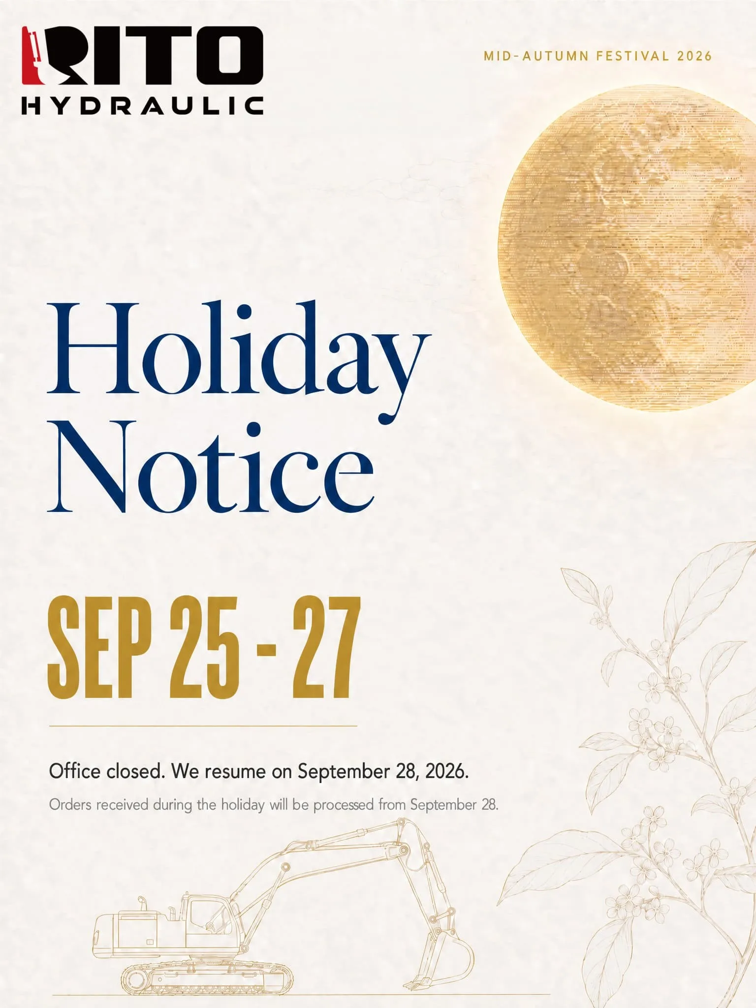 RITO Hydraulic Mid-Autumn Festival Holiday Notice 2026