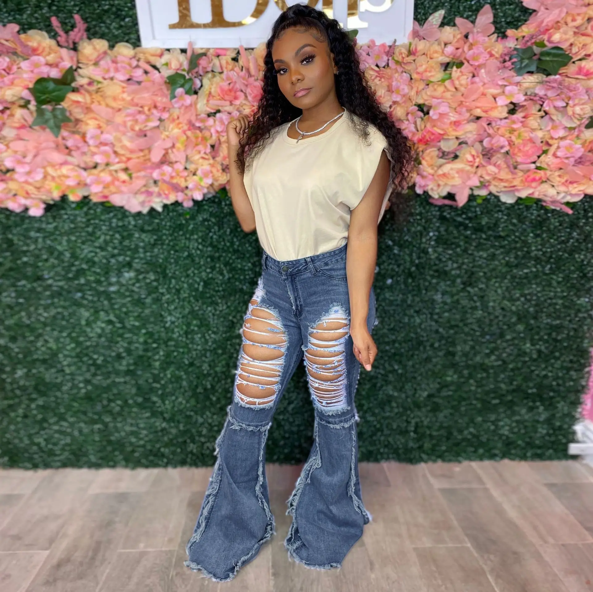 

2021 New Design Fashionable Fringe Jeans Women Denim Bell Bottom Blue Jeans For Women Denim Pants