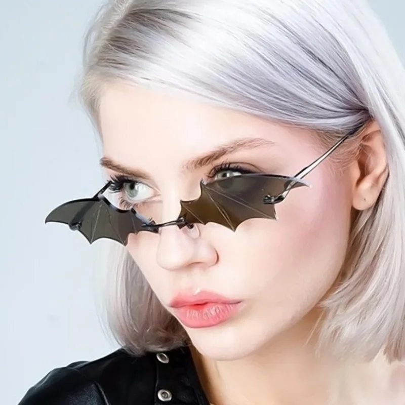 

2021 Girls Novelty Bat Shape Rimless Lens High Quality Sunglasses, As picture