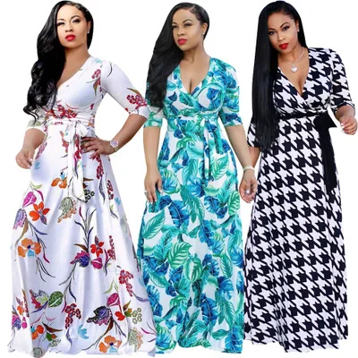 

New design fashion women 3/4 half sleeve v neck floral printed maxi long dress summer spring beach casual dress