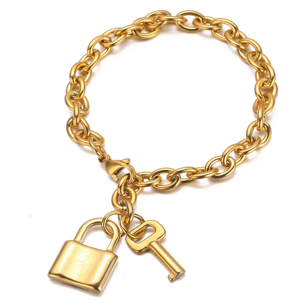 

2021 Valentine's Day 18K Gold Plated Titanium Steel Love Lock Couple Bracelet 316L Stainleess Steel Lock Key Bracelet for Couple