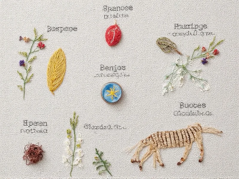 Hand-stitched embroidery sampler with labeled craft terminology
