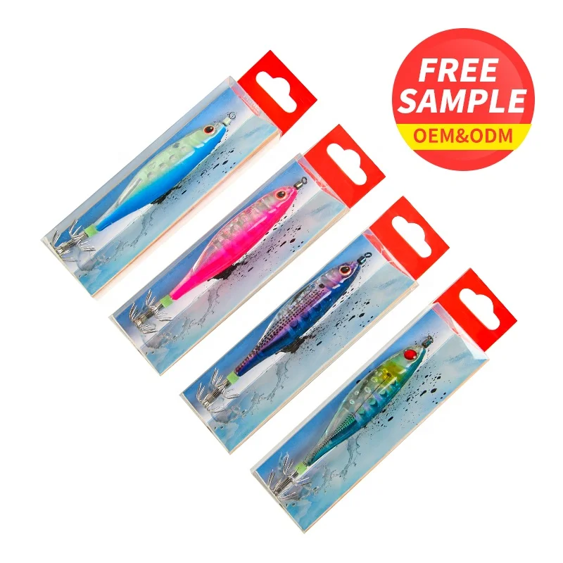 

squid lures squid jig fishing wooden Shrimp 80mm/9.5g regular 4 color and 3d eyes Cuttlefish Hard Fishing Lures bait, 4 colors