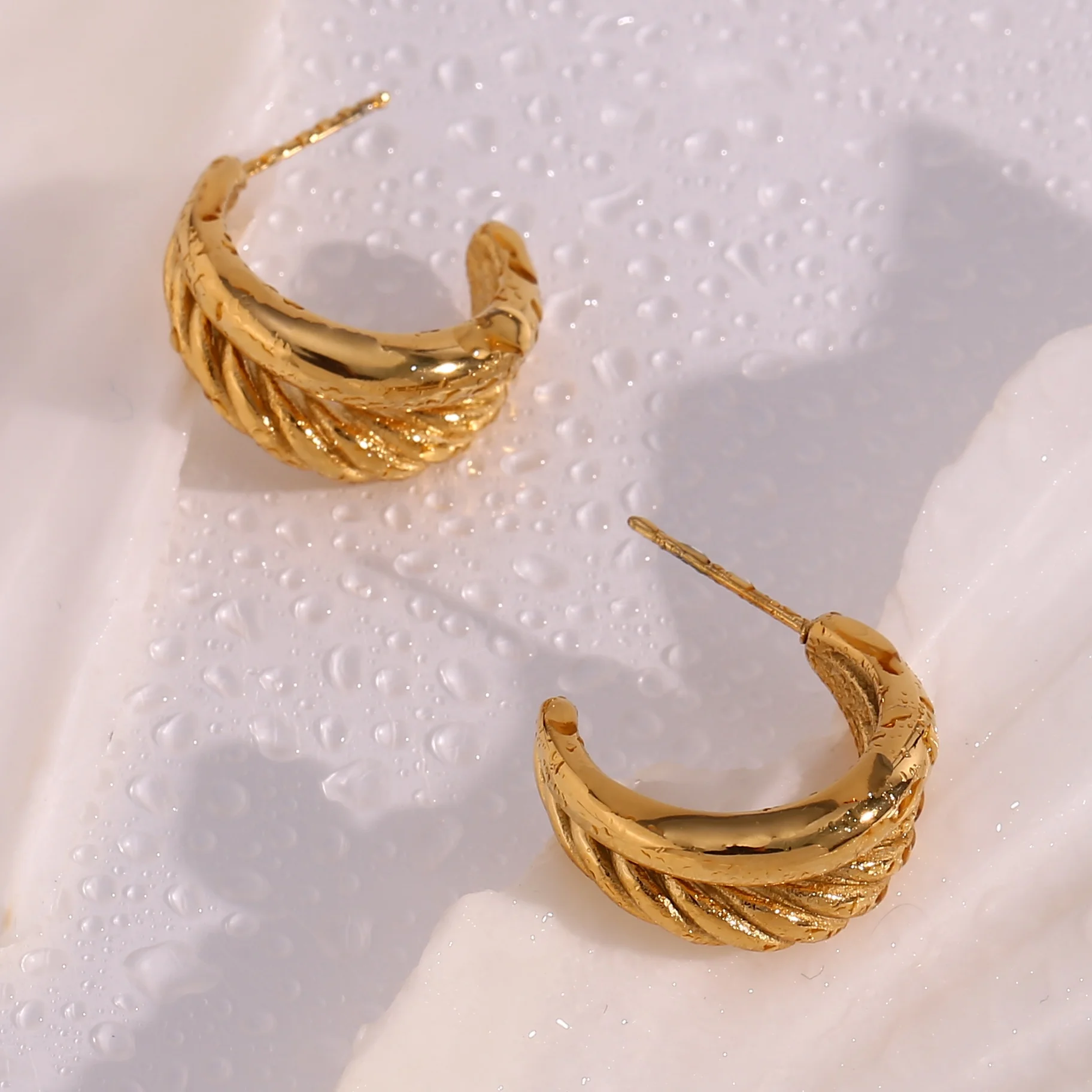 Vintage Double Layer Twisted C Shape Hoop Earring Tarnish Free 18K Gold Plated Stainless Steel Women Jewelry