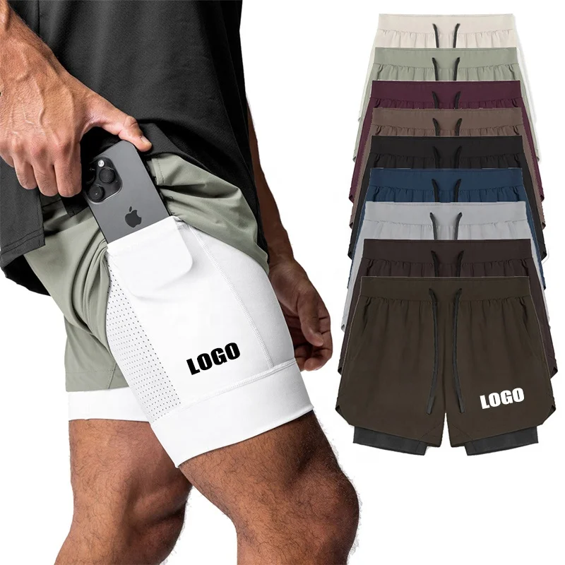 Mens Custom Summer Athletic Workout Compression Board Running Hommes 2 in 1 Nylon Spandex 5 Inch Inseam Shorts