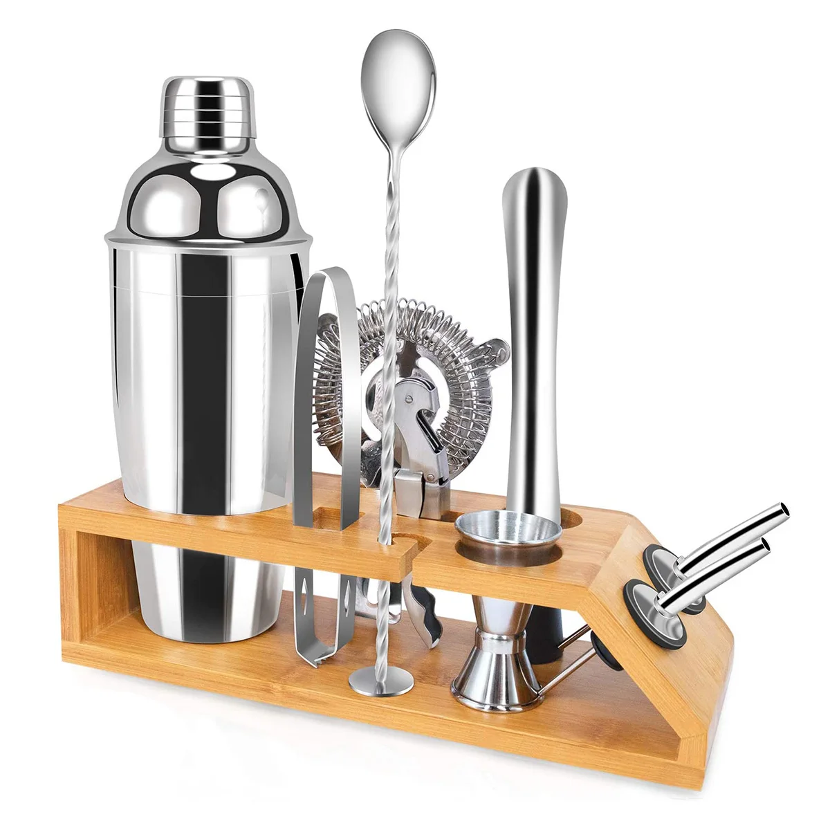 

Professional Wooden Rack 10 Pcs Stainless Steel Bar Set Cocktail Shaker Colorful Tools Bartending Bartender Kit, Silver, customizable