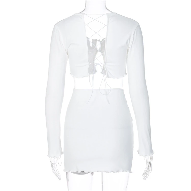 

DUODUOCOLOR Long sleeve short skirt suit solid color crop top fungicular edge fashion two piece summer hot style D97552