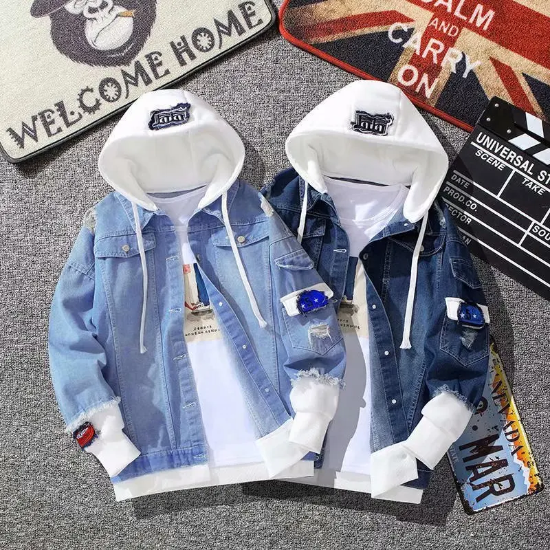

jacket men street 2021 Autumn new design Faux two piece outdoor denim jacket hooded patchwork smart casual jackets for men