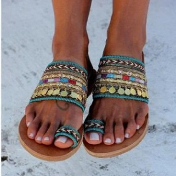 

Summer plus size cheap ladies beach slippers Ethnic style lady flat slippers, Green