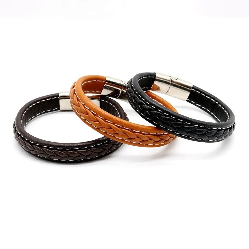 

Wholesale leather bracelets with stainless steel metal button for men, Black, dark brown, brown