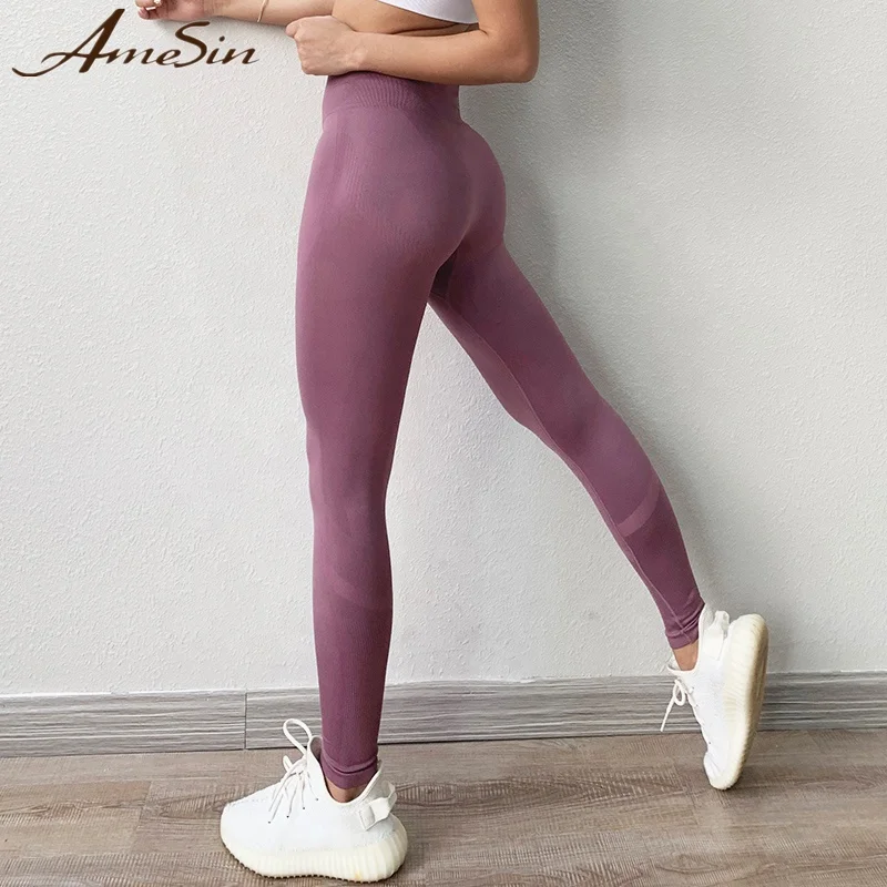 

AMESIN Tights Seamless Knit High Waist Leggings Sport Stretchy Yoga Pants, Black, light green, purple, grey