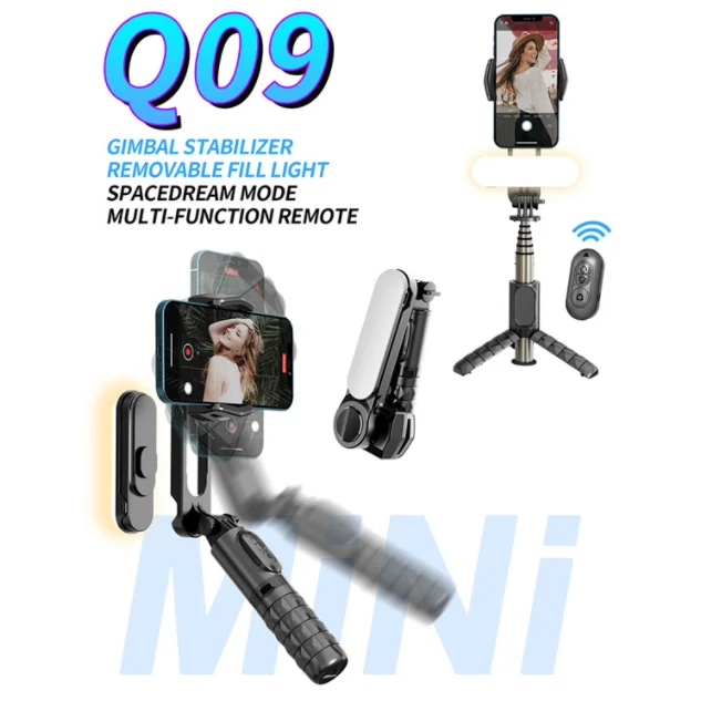 

NEW Q09 Phone Selfie Gimble Stabilizer with Tripod Removable Fill Light Estabilizador Selfie Stick BT Remote Control, Black