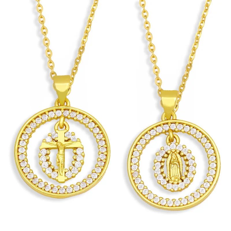 

Christian Religion 18k Gold Plated Round Zircon Cross Jesus Pendant Necklace Virgin Mary Necklace for Women