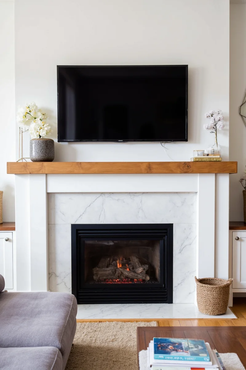 Classic mantel setup with TV above fireplace