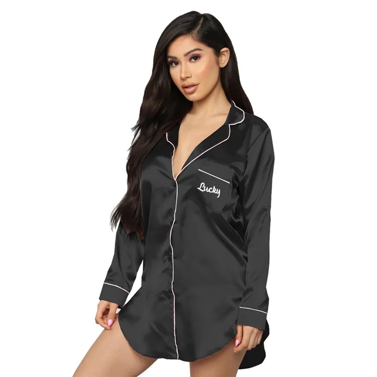 

2021 Full Sleeve Satin Silk Women Nightgown Sexy Sleep Dresses Lapel Collar Long Sleeve Letter Embroidery Homewear Sleepwear, As picture