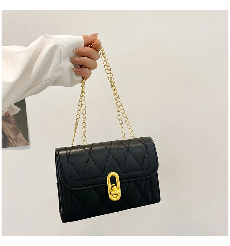 

Amazon Hot Selling Fashion Embroidered Thread Square Shoulder Messenger Bag Lady PU Leather Chain Woman Handbag