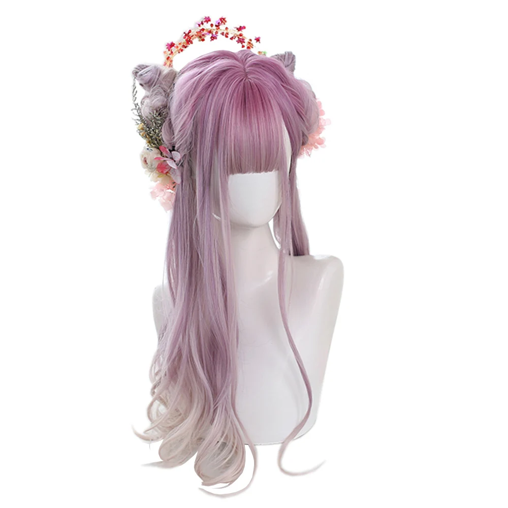 

Purple Gradient Pink Long Wavy Fashion Synthetic Hair Wig Japanese Lolita Rooming Face Natural Cute Girls Cosplay Wigs, Pic showed