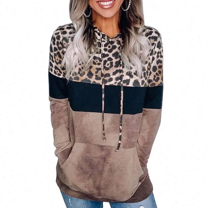 

2021 Women Custom Leopard Printing Pockets Long Sleeve Hoodies For Women