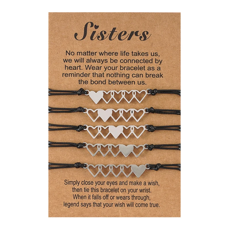 Set 5 Stainless Steel Macrame Bracelet Sisters Heart Link Charm Best Friend Sister Jewelry for Women Fashionable Bracelets