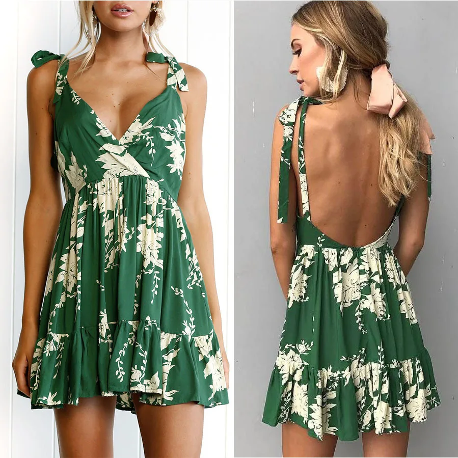 

Women's Adjustable Summer Sleeveless Floral Printed Dresses Beach Casual Midi Dress