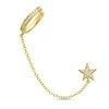 Fashion 14K yellow gold diamond star stud 925 silver chain ear cuff