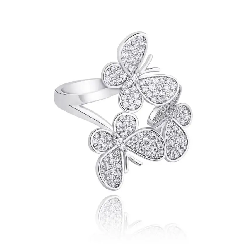 

High Quality Elegant 3 Layers Butterfly CZ Diamond Ring Ice Out Animal Charm Butterfly Flower Finger Rings Women Gift Jewelry