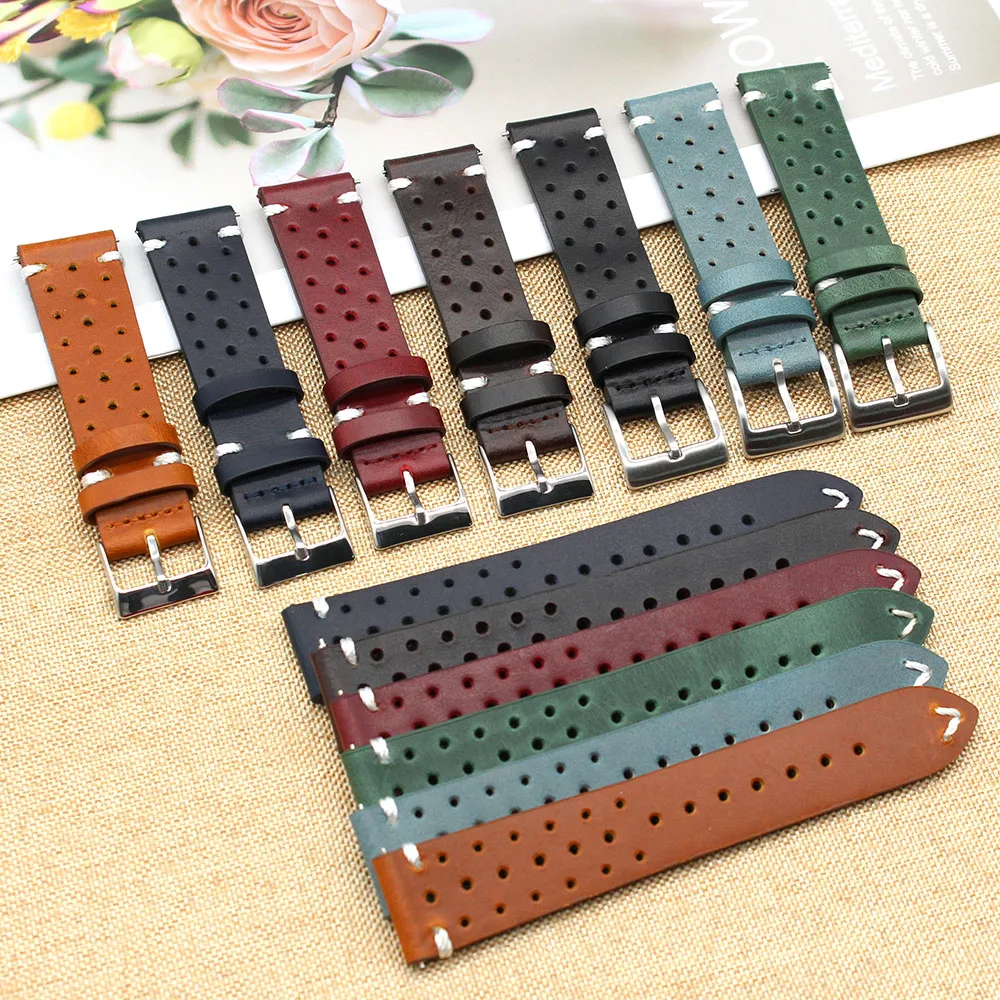 

Quick Release Top Grain Leather Watch Band Strap 18mm 20mm 22mm Handmade Waxed Rally Racing Leather Watch Bands
