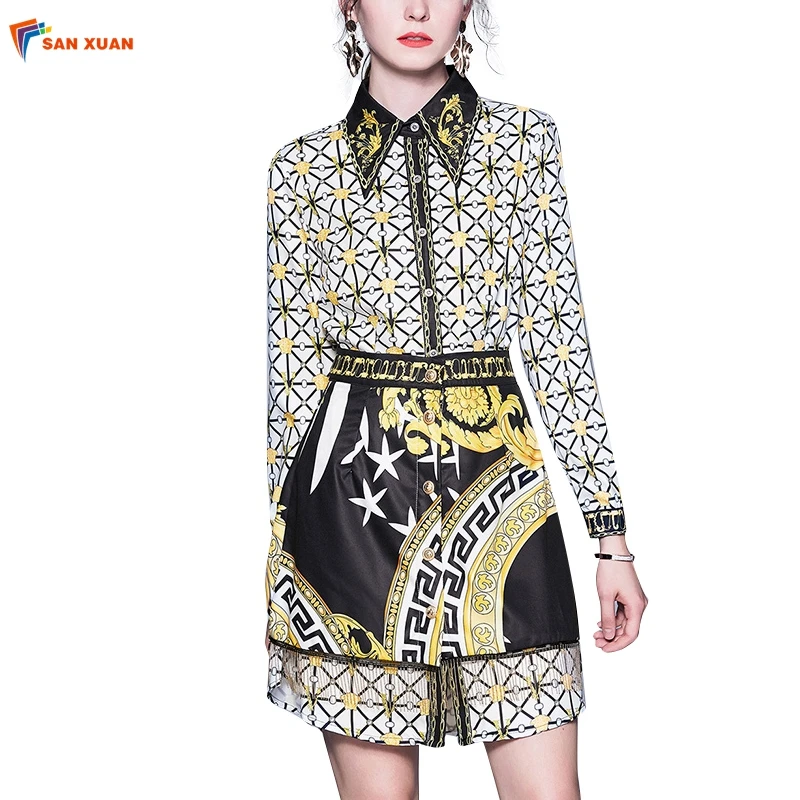 

Fall in-stock western style digital floral retro turn down collar long sleeve fashion shirt women slim skirt sets clothing, Picture color