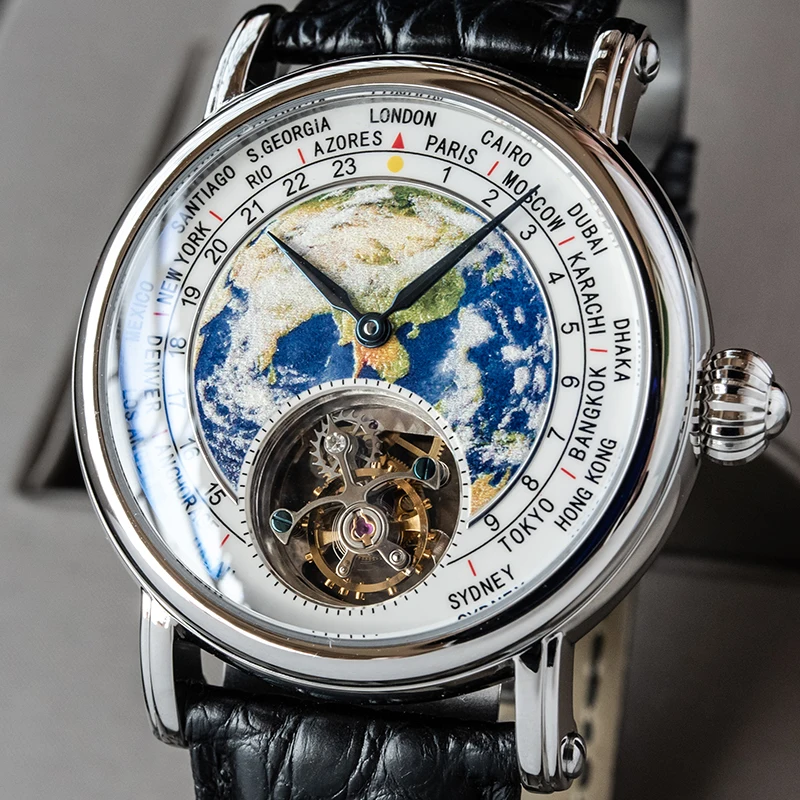 

Men Tourbillion Mechanical Watches Hand Winding ST8000 Movement Top Luxury 3D Enamel Earth Roasted Blue Needles Wristwatch