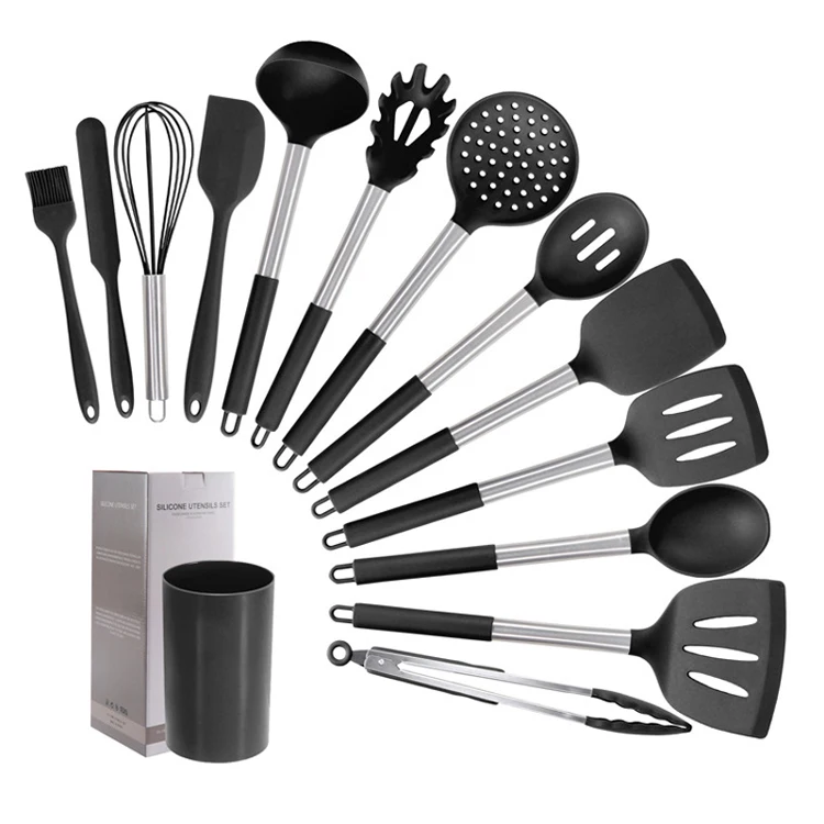 

Bamboo 10 pcs utensils bbq spatula silicone baking tools spoon kitchen cooking set wooden utensil, Dark gray