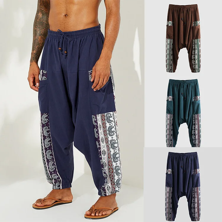 

Fashion harem trouserts loose national style printing drawstring waist men harem casual baggy pants, As picture or customized