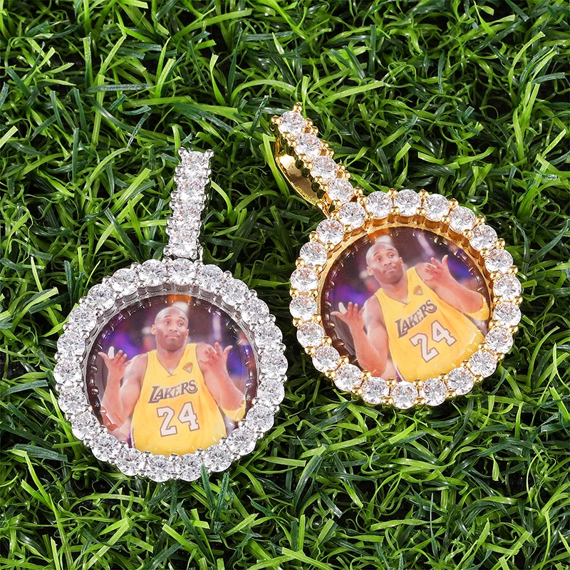 

Hip Hop Custom Circle Picture Necklace Jewelry Iced Cubic Zirconia Round Photo Memory Pendant Necklace With Solid Back