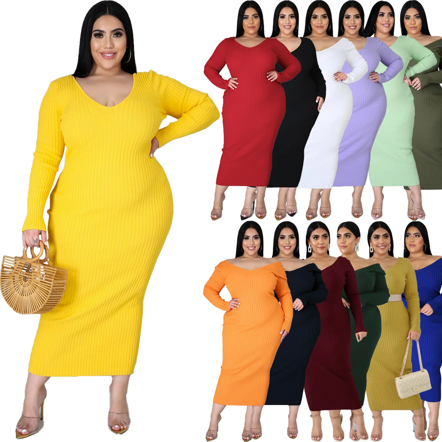 Plus V Neck Knitted Midi Dress